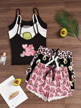 SHEIN طقم بيجامة يتكون من قميص كارتوني وشورت 3 قطع/طقم