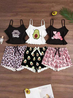 SHEIN طقم بيجامة يتكون من قميص كارتوني وشورت 3 قطع/طقم