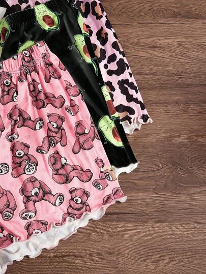 SHEIN طقم بيجامة يتكون من قميص كارتوني وشورت 3 قطع/طقم