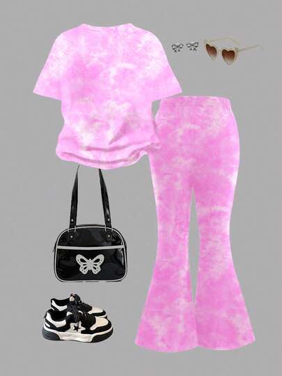 SHEIN Leap Crew مجموعة قميص كم قصير بياقة مستديرة وبنطال واسع للفتيات المراهقات، بنمط أرنب أزرق كرتوني لولو وبنمط الصبغ المربع، مناسبة للصيف والخريف، ملابس كاجوال وعملية للأطفال، ملابس بطبعات جرافيكية، للعودة إلى المدرسة