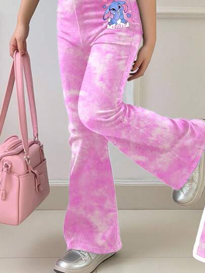 SHEIN Leap Crew مجموعة قميص كم قصير بياقة مستديرة وبنطال واسع للفتيات المراهقات، بنمط أرنب أزرق كرتوني لولو وبنمط الصبغ المربع، مناسبة للصيف والخريف، ملابس كاجوال وعملية للأطفال، ملابس بطبعات جرافيكية، للعودة إلى المدرسة