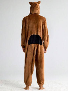 SCOOBY-DOO X SHEIN جمبسوت رجالية كاجوال مطرزة بحرف وكلب، بيجامات شتوية بنية فاخرة ودافئة