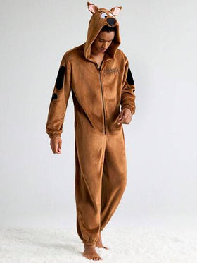 SCOOBY-DOO X SHEIN جمبسوت رجالية كاجوال مطرزة بحرف وكلب، بيجامات شتوية بنية فاخرة ودافئة