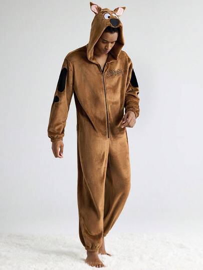 SCOOBY-DOO X SHEIN جمبسوت رجالية كاجوال مطرزة بحرف وكلب، بيجامات شتوية بنية فاخرة ودافئة