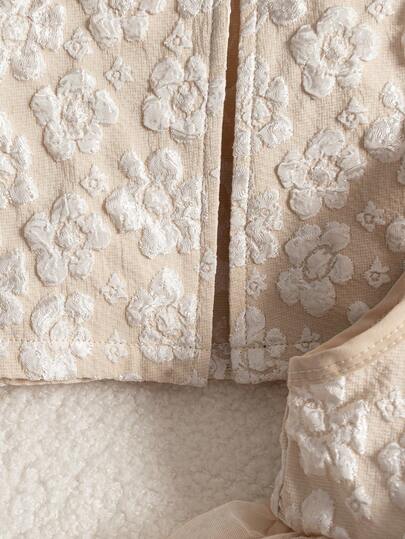 SHEIN مجموعة فستان وكارديجان للبنات الصغيرات 2 قطعة، فستان بتصميم جاكارد مع عقدة الفراشة أمامي وحاشية شبكية، وكارديجان بياقة مستديرة، تصميم بسيط وأنيق للخريف