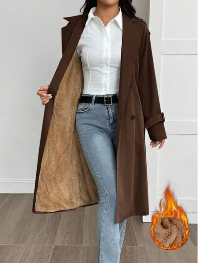 SHEIN PETITE معطف طويل الأكمام كاجوال أحادي اللون بتصميم بسيط للنساء
