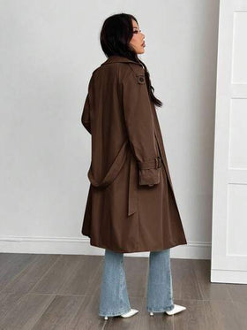 SHEIN PETITE معطف طويل الأكمام كاجوال أحادي اللون بتصميم بسيط للنساء