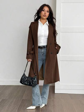 SHEIN PETITE معطف طويل الأكمام كاجوال أحادي اللون بتصميم بسيط للنساء