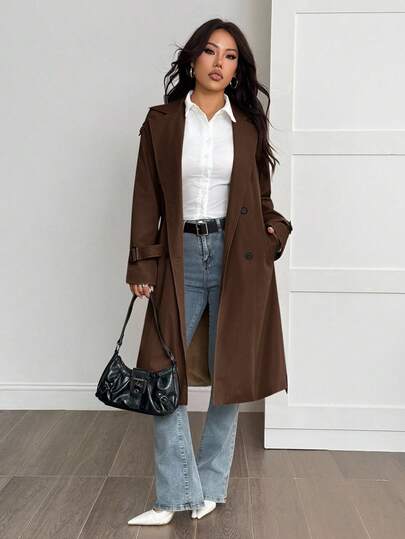 SHEIN PETITE معطف طويل الأكمام كاجوال أحادي اللون بتصميم بسيط للنساء