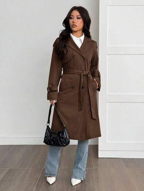 SHEIN PETITE معطف طويل الأكمام كاجوال أحادي اللون بتصميم بسيط للنساء
