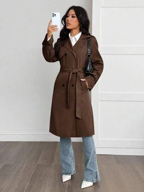 SHEIN PETITE معطف طويل الأكمام كاجوال أحادي اللون بتصميم بسيط للنساء