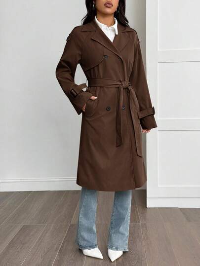 SHEIN PETITE معطف طويل الأكمام كاجوال أحادي اللون بتصميم بسيط للنساء