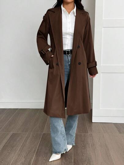 SHEIN PETITE معطف طويل الأكمام كاجوال أحادي اللون بتصميم بسيط للنساء