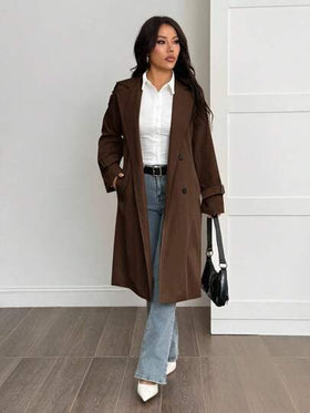 SHEIN PETITE معطف طويل الأكمام كاجوال أحادي اللون بتصميم بسيط للنساء