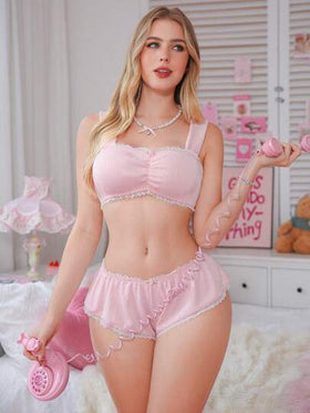 PetitDoll مجموعة ملابس داخلية من قطعتين مزينة بالدانتيل الوردي والورود