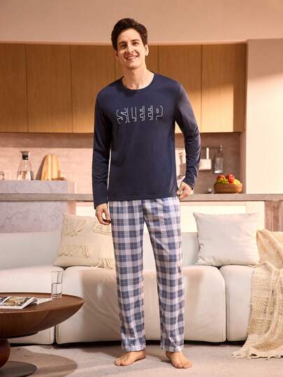 Manfinity Underwear&Sleepwear Basics ملابس علوية نوم رجالية بأكمام طويلة مطبوع عليها "SLEEP" (ناعمة ومريحة)، شتوي