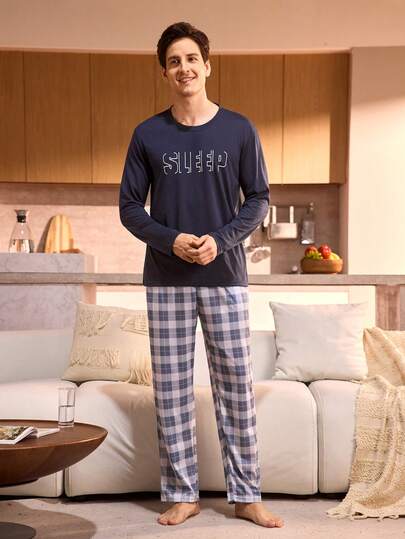 Manfinity Underwear&Sleepwear Basics ملابس علوية نوم رجالية بأكمام طويلة مطبوع عليها "SLEEP" (ناعمة ومريحة)، شتوي