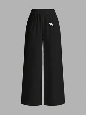 SHEIN EZwear بنطلون نسائي عادي واسع الساق مع تطريز بتصميم الحصان، مناسب للصيف والعطلات