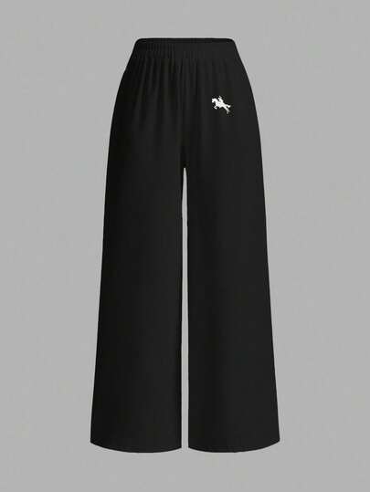 SHEIN EZwear بنطلون نسائي عادي واسع الساق مع تطريز بتصميم الحصان، مناسب للصيف والعطلات