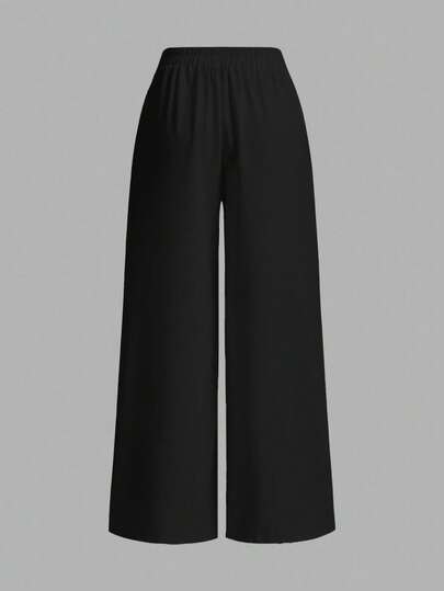 SHEIN EZwear بنطلون نسائي عادي واسع الساق مع تطريز بتصميم الحصان، مناسب للصيف والعطلات