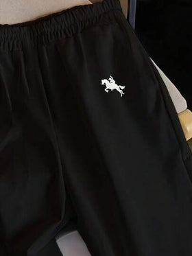 SHEIN EZwear بنطلون نسائي عادي واسع الساق مع تطريز بتصميم الحصان، مناسب للصيف والعطلات