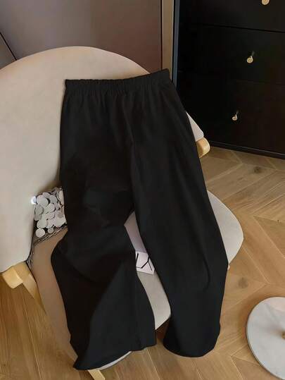 SHEIN EZwear بنطلون نسائي عادي واسع الساق مع تطريز بتصميم الحصان، مناسب للصيف والعطلات