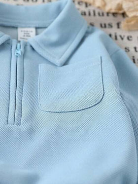 Genkimix Kids طقم ملابس علوية كاجوال بياقة وسحاب نصفي وبنطلون مطابق، لون رمادي بسيط، مناسب للخروجات والأوقات الحرة والرياضة اليومية