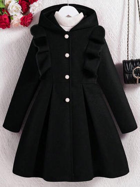 SHEIN معطف كاجوال ذو قلنسوة وأكمام طويلة مع تريم كشكش أحمر للفتيات المراهقات