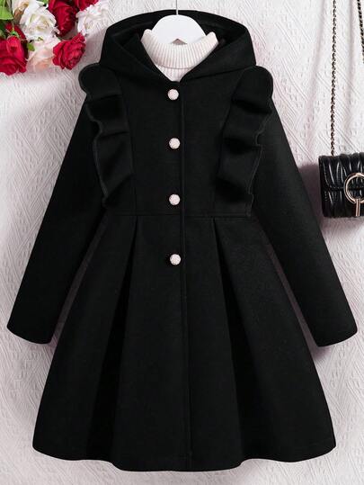 SHEIN معطف كاجوال ذو قلنسوة وأكمام طويلة مع تريم كشكش أحمر للفتيات المراهقات