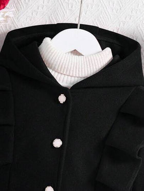 SHEIN معطف كاجوال ذو قلنسوة وأكمام طويلة مع تريم كشكش أحمر للفتيات المراهقات