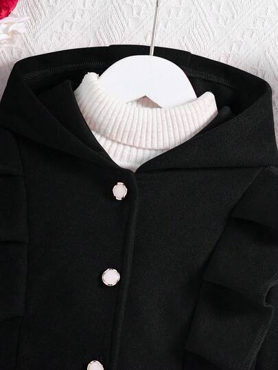 SHEIN معطف كاجوال ذو قلنسوة وأكمام طويلة مع تريم كشكش أحمر للفتيات المراهقات
