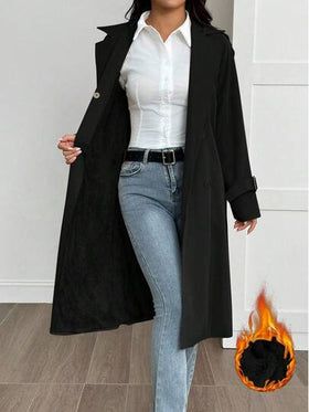 SHEIN PETITE معطف خندق مبطن حراري بلون أحادي بسيط للنساء للارتداء اليومي والتنقل، خريف/شتاء