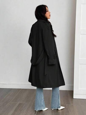 SHEIN PETITE معطف خندق مبطن حراري بلون أحادي بسيط للنساء للارتداء اليومي والتنقل، خريف/شتاء