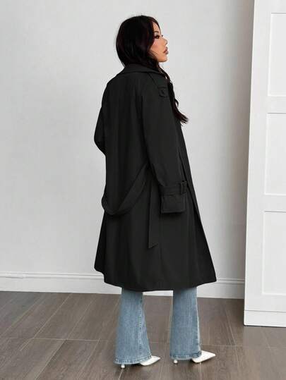 SHEIN PETITE معطف خندق مبطن حراري بلون أحادي بسيط للنساء للارتداء اليومي والتنقل، خريف/شتاء