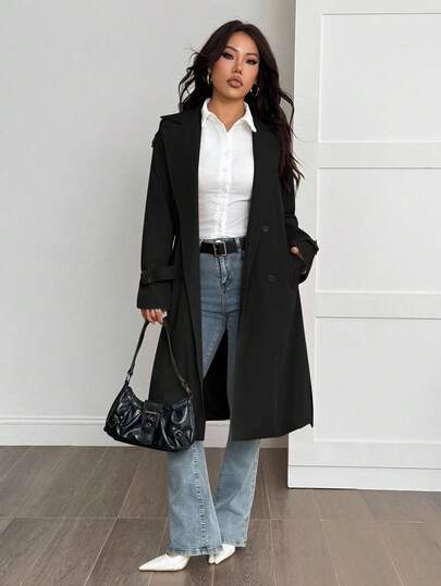 SHEIN PETITE معطف خندق مبطن حراري بلون أحادي بسيط للنساء للارتداء اليومي والتنقل، خريف/شتاء