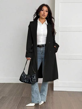 SHEIN PETITE معطف خندق مبطن حراري بلون أحادي بسيط للنساء للارتداء اليومي والتنقل، خريف/شتاء