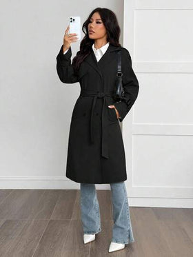 SHEIN PETITE معطف خندق مبطن حراري بلون أحادي بسيط للنساء للارتداء اليومي والتنقل، خريف/شتاء