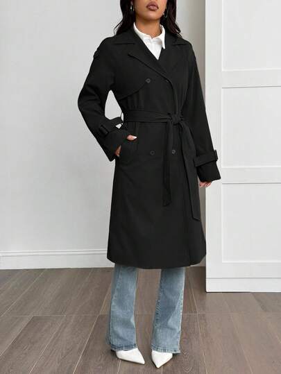 SHEIN PETITE معطف خندق مبطن حراري بلون أحادي بسيط للنساء للارتداء اليومي والتنقل، خريف/شتاء