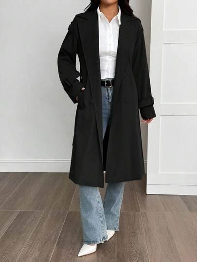 SHEIN PETITE معطف خندق مبطن حراري بلون أحادي بسيط للنساء للارتداء اليومي والتنقل، خريف/شتاء