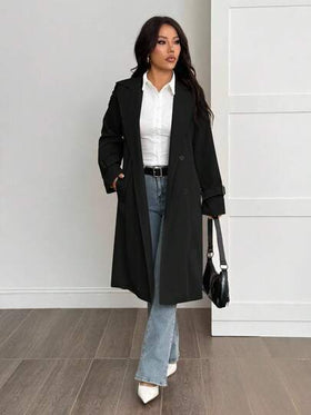 SHEIN PETITE معطف خندق مبطن حراري بلون أحادي بسيط للنساء للارتداء اليومي والتنقل، خريف/شتاء