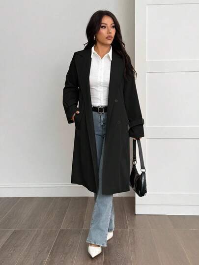 SHEIN PETITE معطف خندق مبطن حراري بلون أحادي بسيط للنساء للارتداء اليومي والتنقل، خريف/شتاء