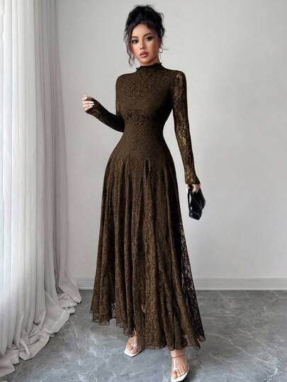 Modelyn رمضان فستان نسائي بياقة عالية وخصر مشدود بالدانتيل باللون الأحمر