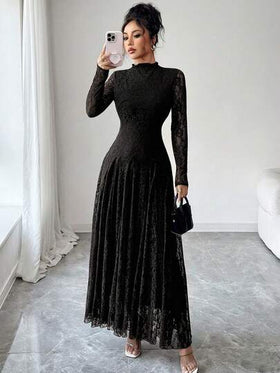 Modelyn رمضان فستان نسائي بياقة عالية وخصر مشدود بالدانتيل باللون الأحمر