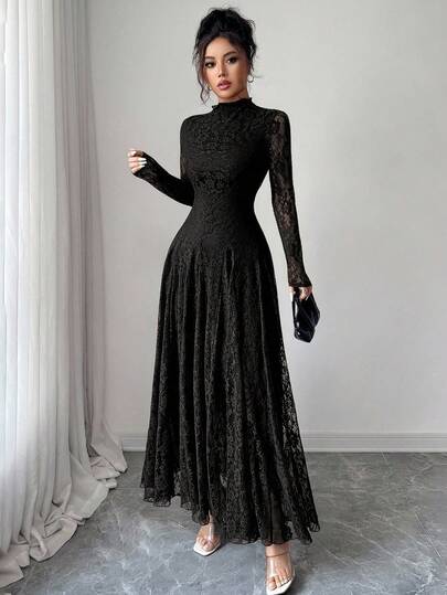 Modelyn رمضان فستان نسائي بياقة عالية وخصر مشدود بالدانتيل باللون الأحمر