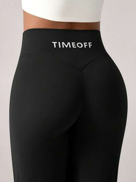 TimeOff 1 قطعة سروال رياضي نسائي ذو خطوط عريضة مستقيمة، بطبعة حرفية، ذو رفع وشكل V مرن، أسود للربيع