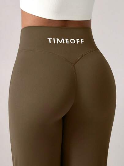 TimeOff 1 قطعة سروال رياضي نسائي بخط V بسيط مرن ذو ساق واسعة مستقيمة مطبوع عليه حرف للربيع