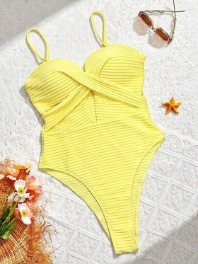 Swim SXY بدلة سباحة قطعة واحدة للنساء بتصميم متقاطع ذات لون واحد، مرفوعة من الأعلى، بدون سلك