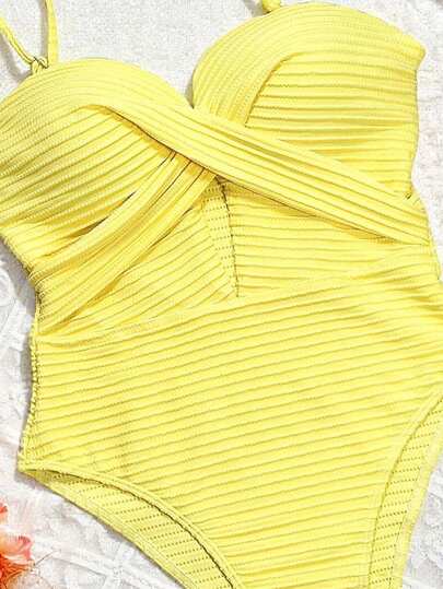 Swim SXY بدلة سباحة قطعة واحدة للنساء بتصميم متقاطع ذات لون واحد، مرفوعة من الأعلى، بدون سلك