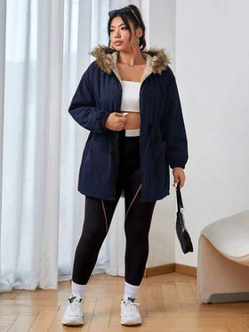 SHEIN EZwear معطف أزرق داكن سميك مبطن، كاجوال للشتاء