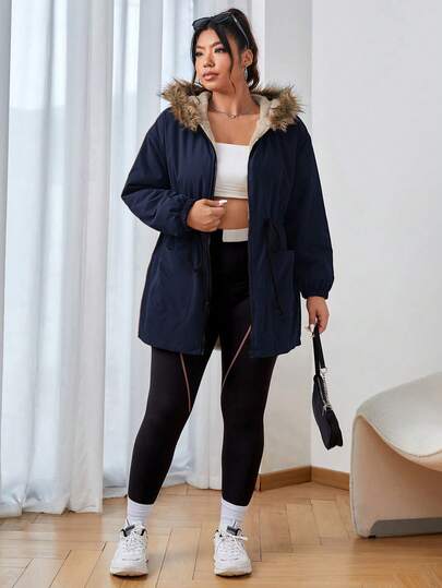SHEIN EZwear معطف أزرق داكن سميك مبطن، كاجوال للشتاء